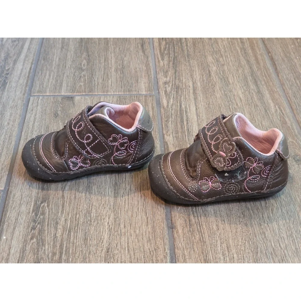 Stride Rite Puffling Brown Leather Pink Floral Embroidery Toddler Shoes 4M